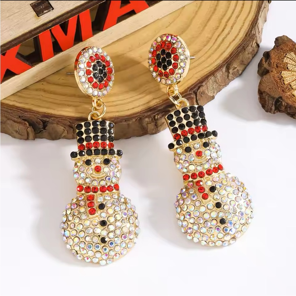 Christmas Earrings Rhinestone Snowman NEW